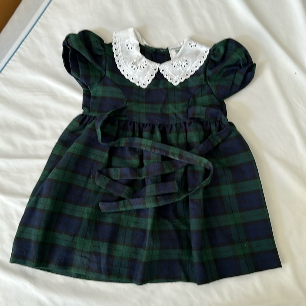 Handmade original in Scotland, black watch plaid dress with ribbon tie